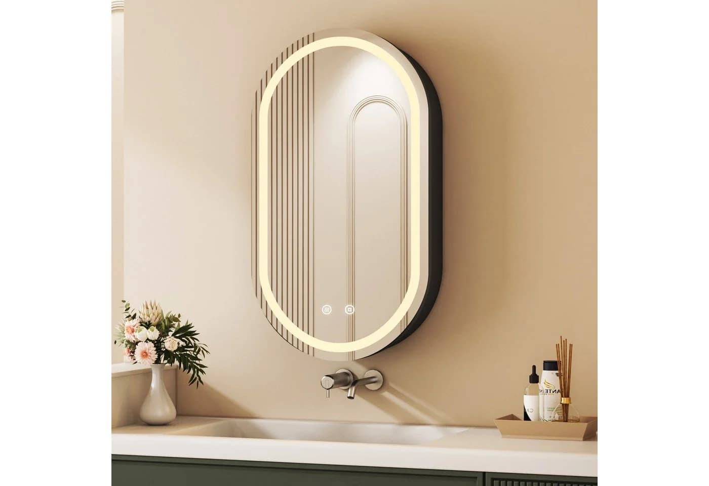 WDWRITTI Badezimmerspiegelschrank Oval LED Schwarz 40x13x70cm - Bild 2