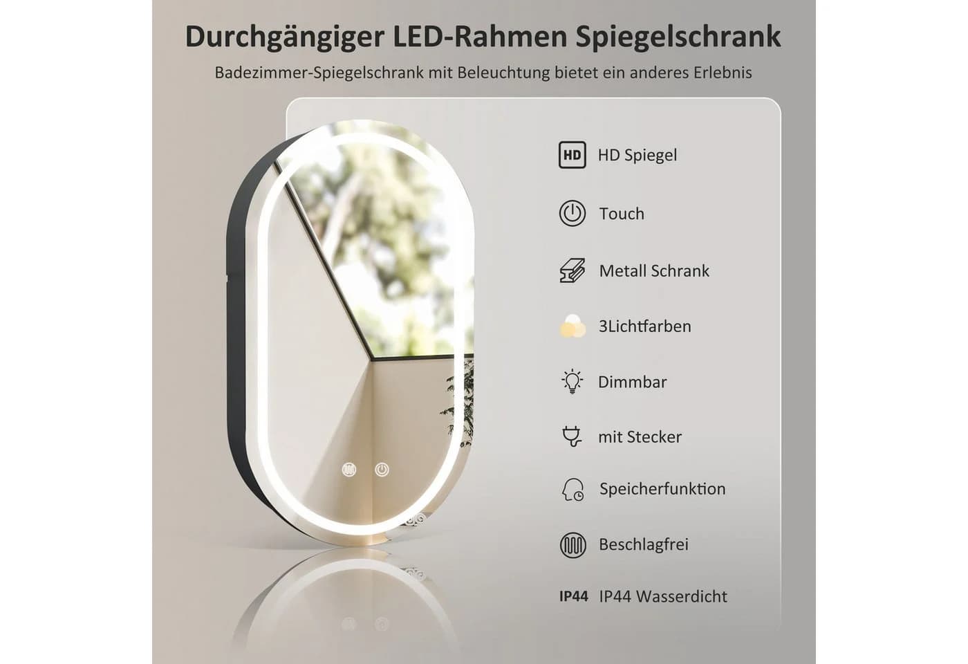 WDWRITTI Badezimmerspiegelschrank Oval LED Schwarz 40x13x70cm - Bild 4