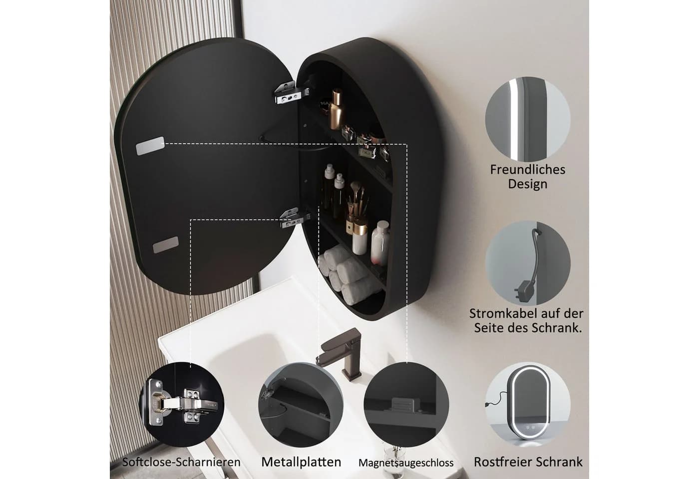 WDWRITTI Badezimmerspiegelschrank Oval LED Schwarz 40x13x70cm - Bild 5