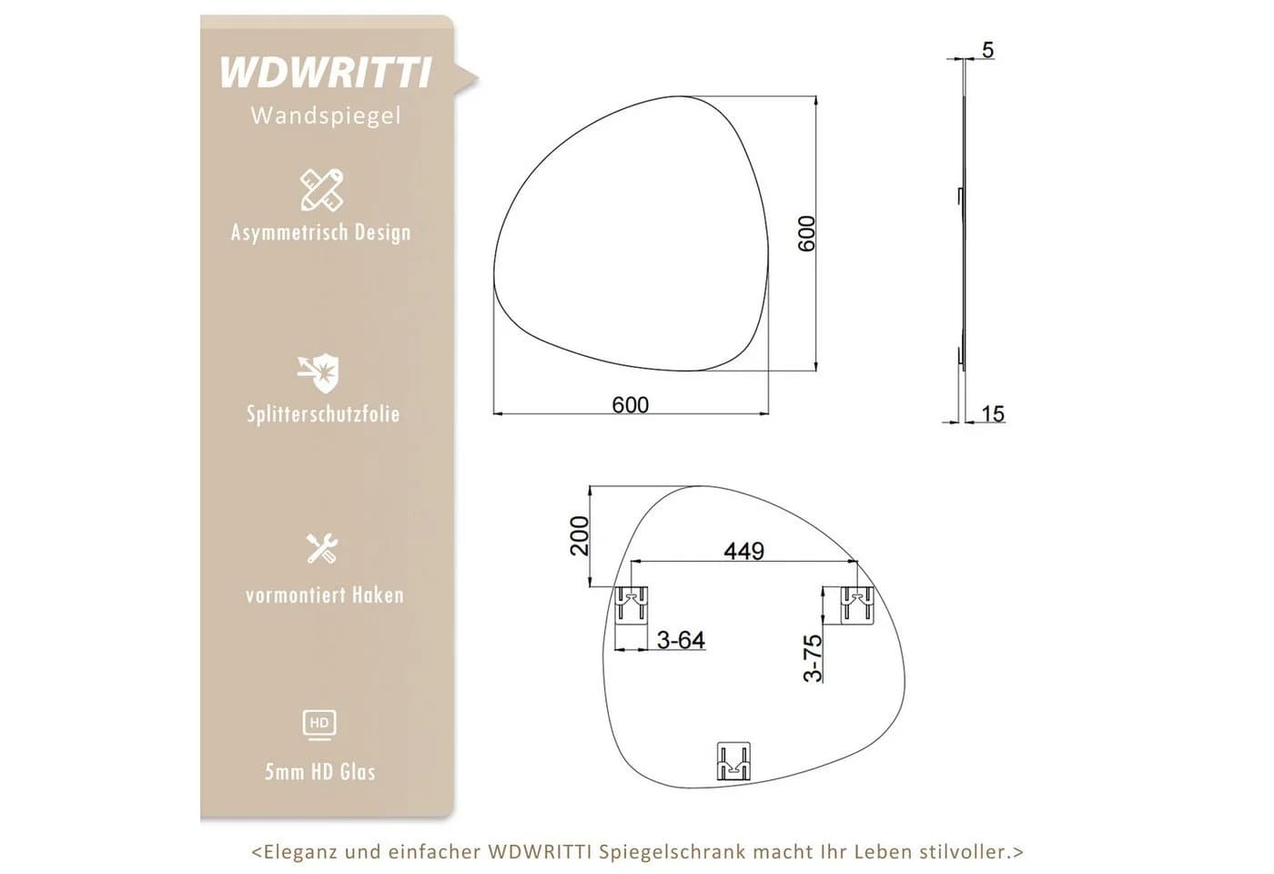 WDWRITTI Asymmetrischer Badspiegel Steinform Glas - Bild 4