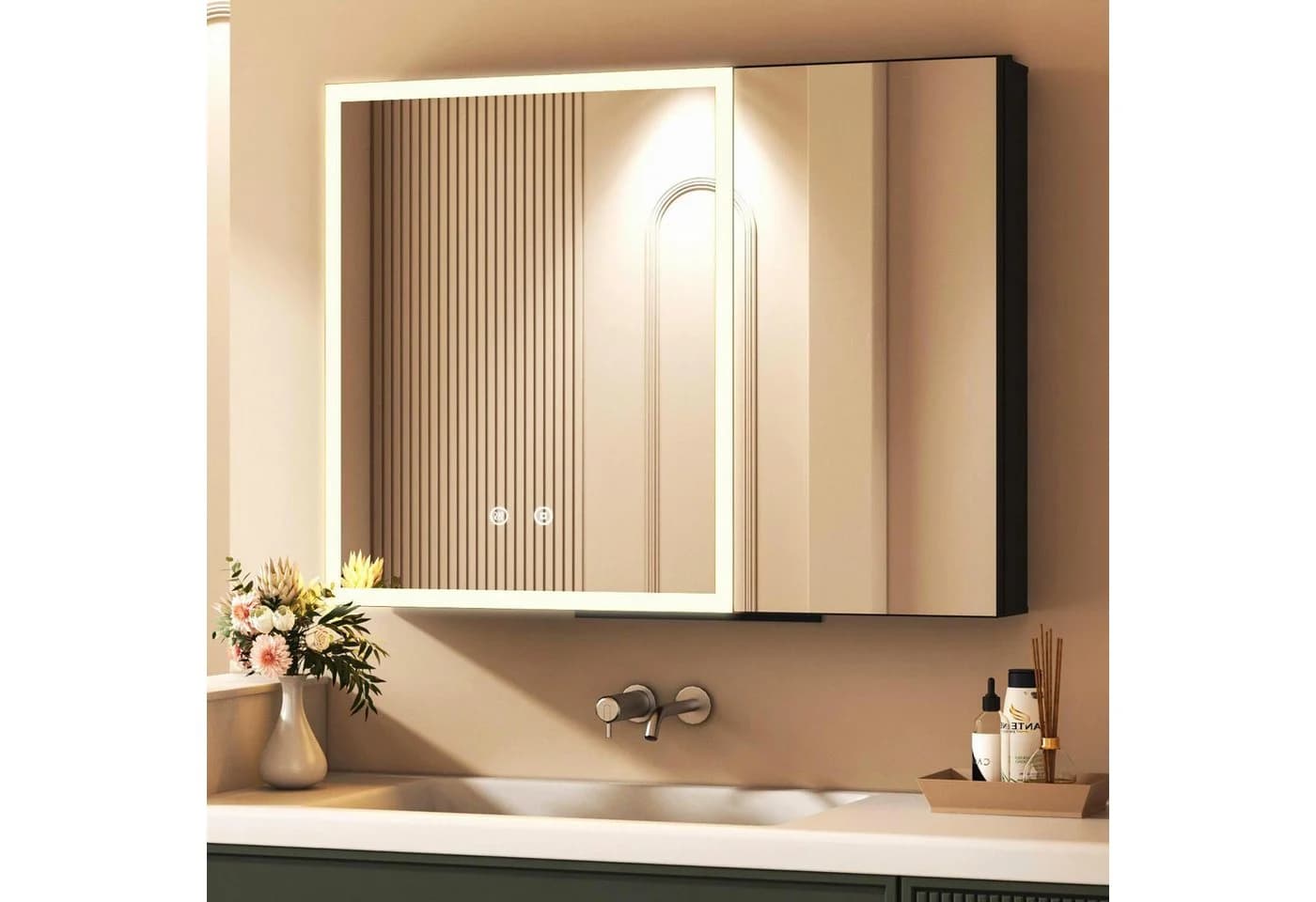 WDWRITTI Spiegelschrank Badezimmer LED Schwarz Doppeltür 80x12,5x60cm - Bild 2