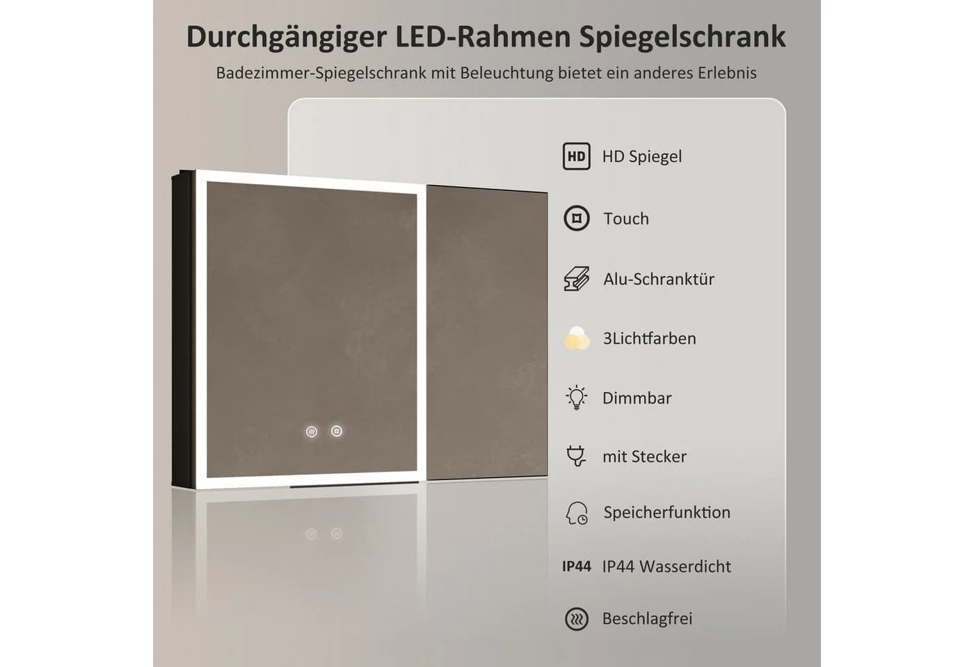 WDWRITTI Spiegelschrank Badezimmer LED Schwarz Doppeltür 80x12,5x60cm - Bild 3