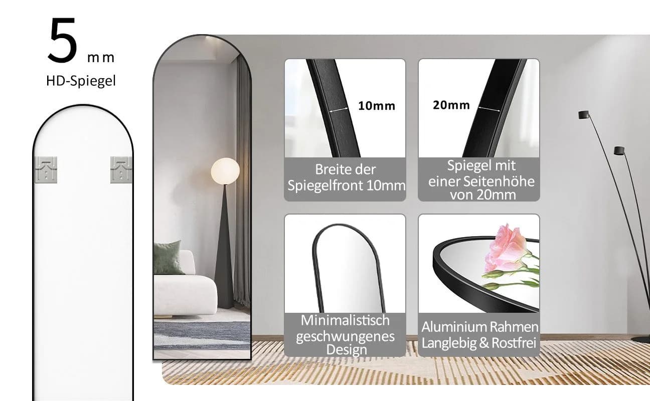 Moderner Standspiegel in Schwarz, 180x80 cm - Bild 5