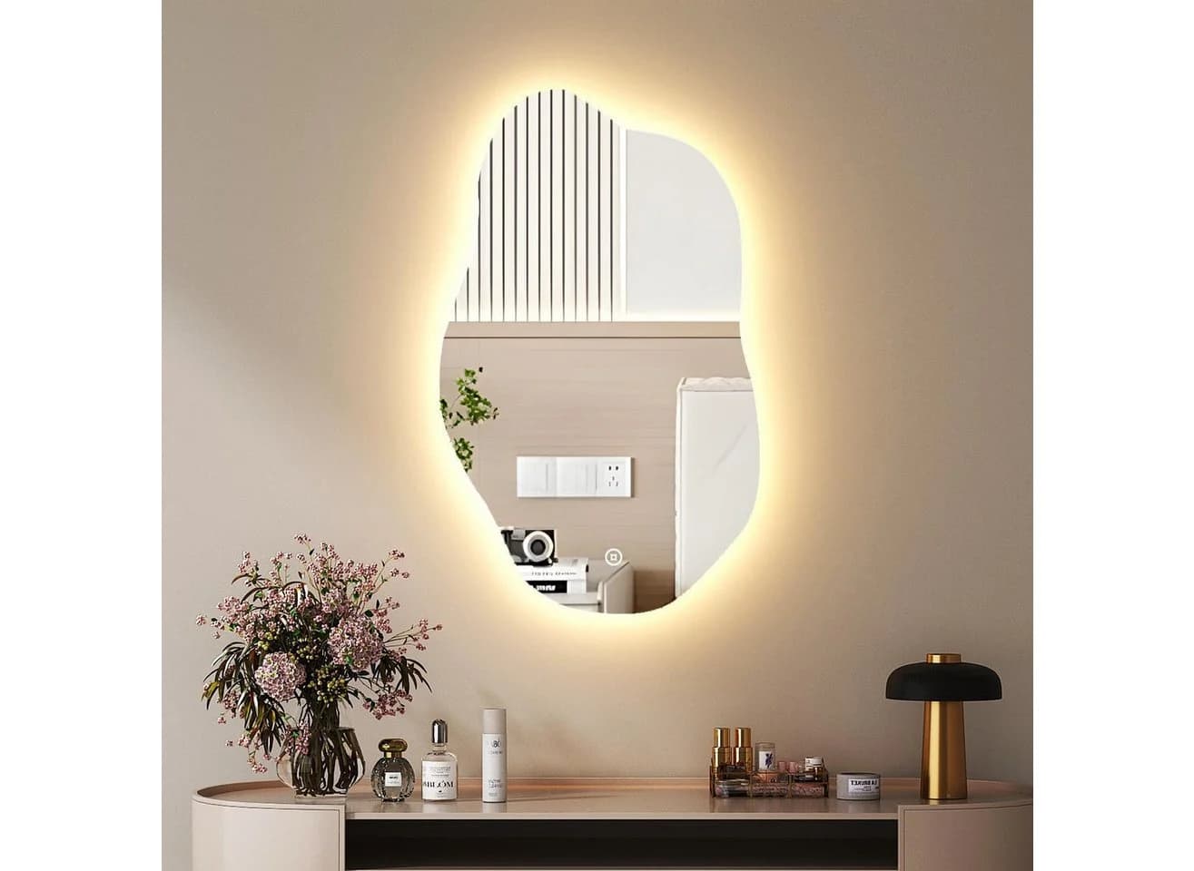 WDWRITTI LED Schminkspiegel Wandspiegel Schminktisch Kosmetikspiegel Asymmetrisch Wolke 52x85cm 62x90cm Kalt/Neutral/Warmweiß Speicherfunktion - Bild 2
