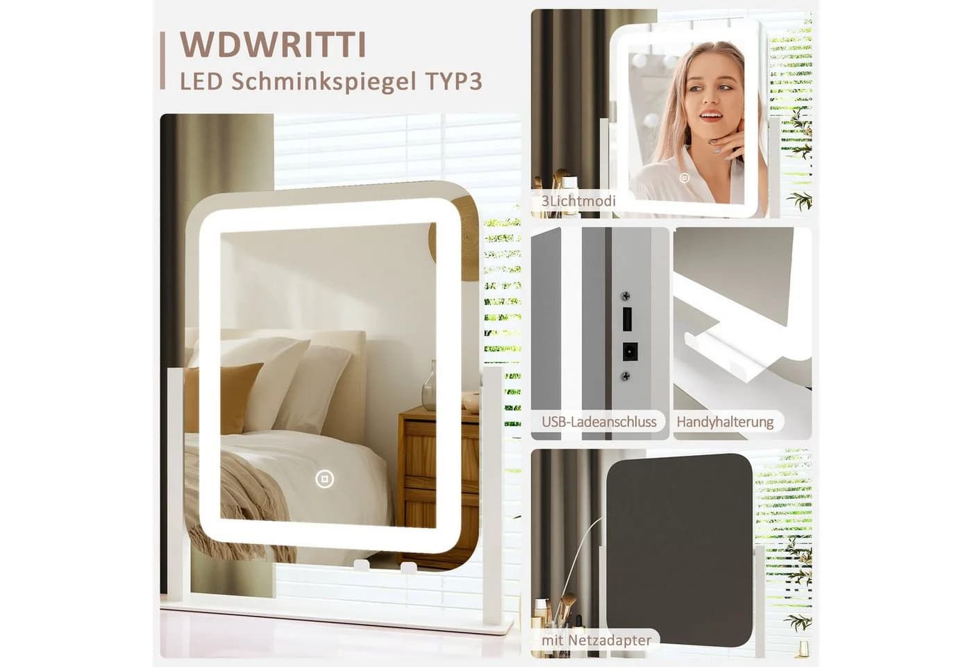 WDWRITTI LED Schminkspiegel mit USB, 10x Lupe, 3 Lichtmodi - Bild 1