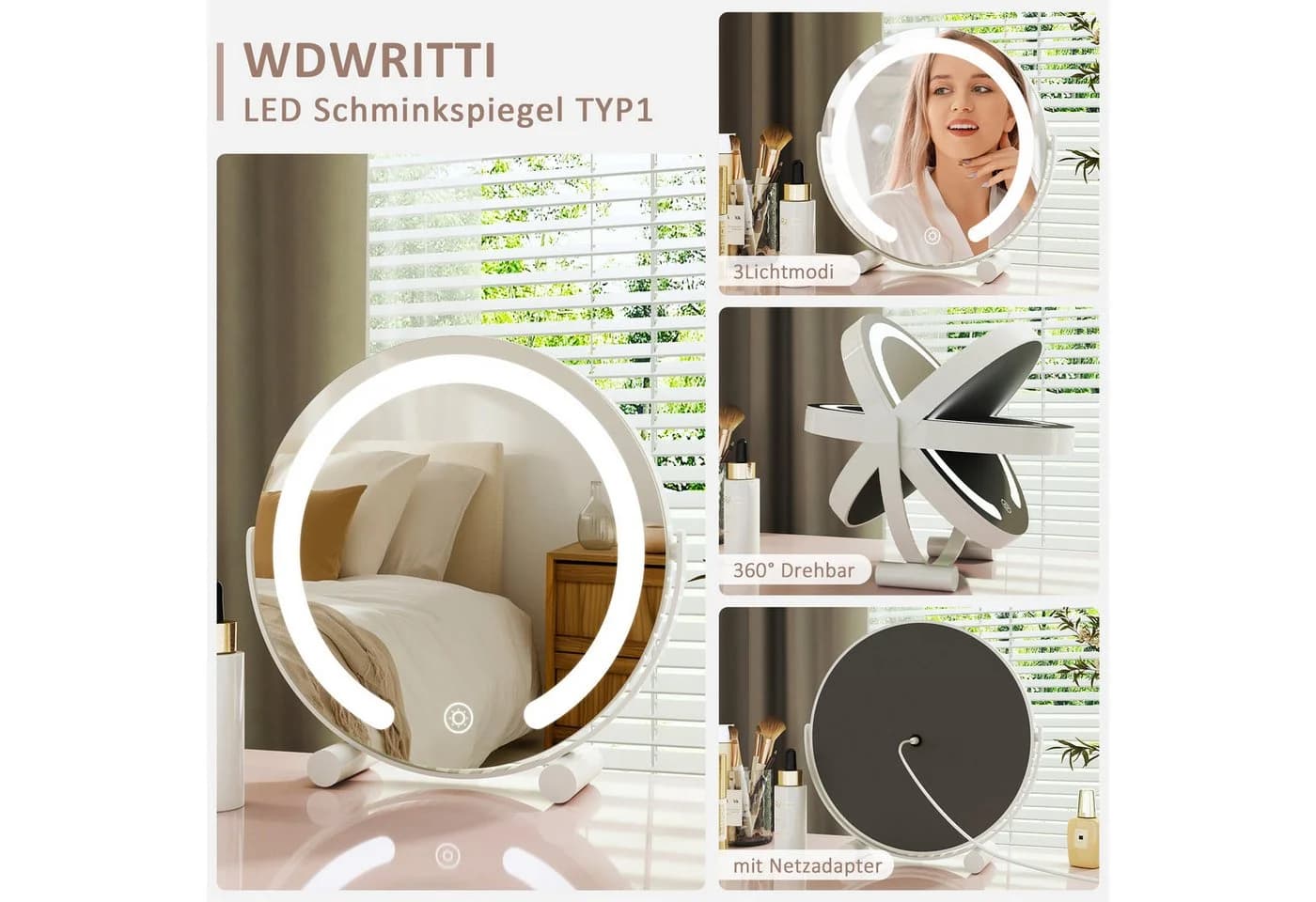 WDWRITTI LED Schminkspiegel mit 3 Farbtemperaturen und 360° Drehfunktion