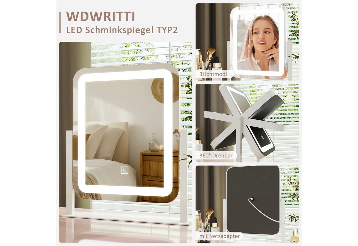 WDWRITTI LED Schminkspiegel Weiß mit 3 Farbmodi & Touchscreen