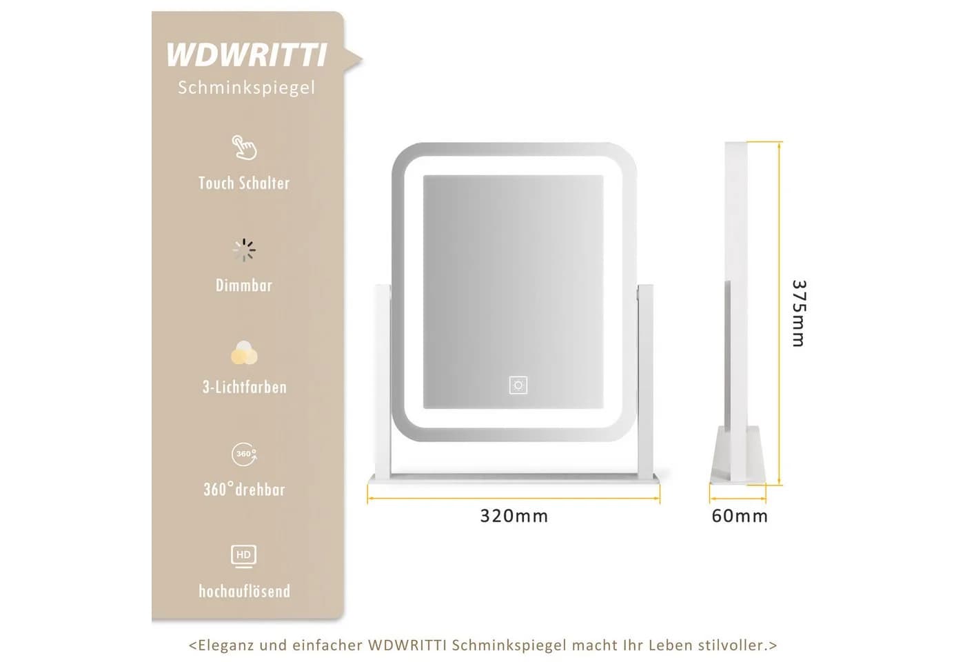 WDWRITTI LED Schminkspiegel Weiß mit 3 Farbmodi & Touchscreen - Bild 4
