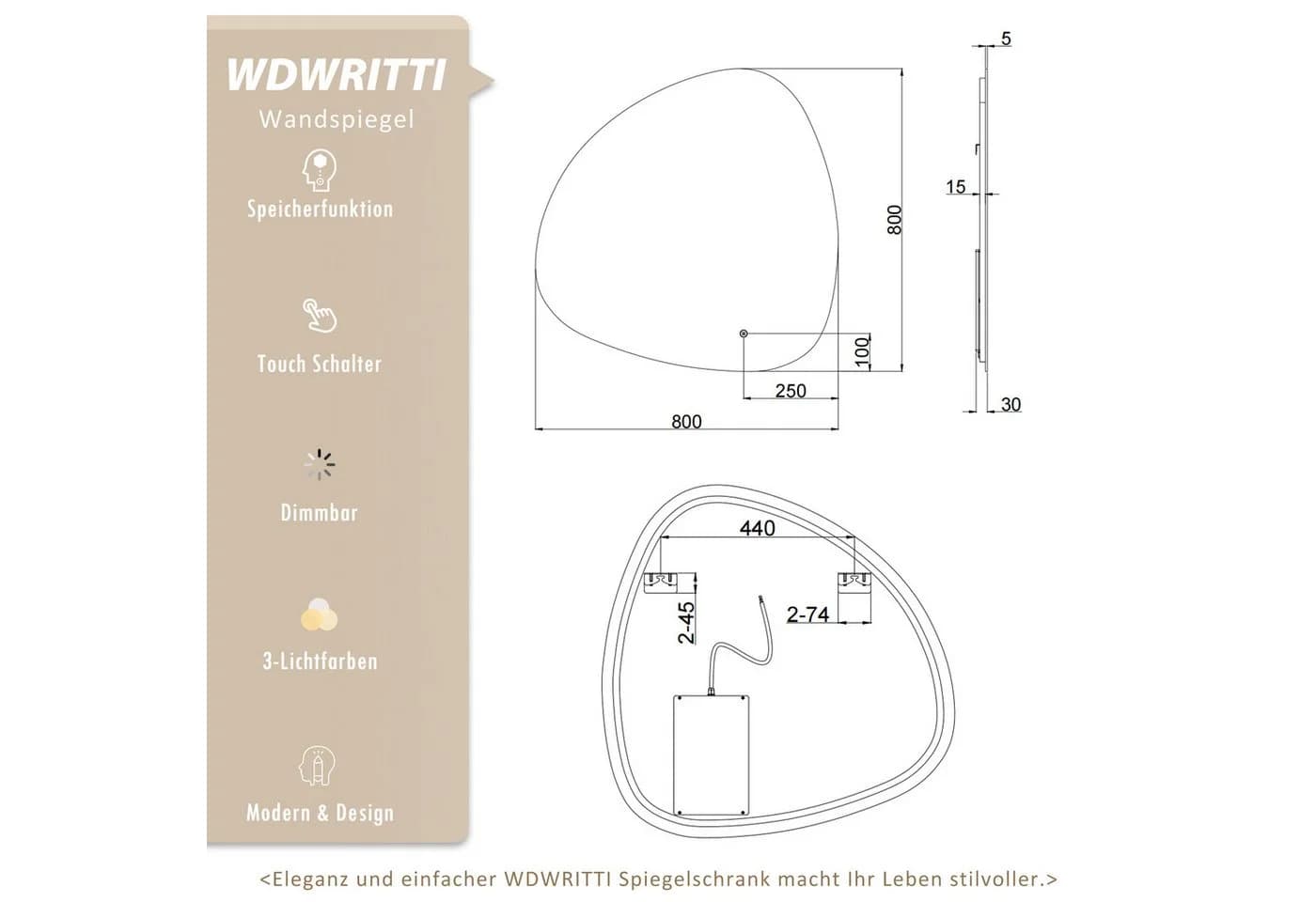 WDWRITTI LED Wandspiegel 80x80cm Steinform Dimmbar - Bild 4