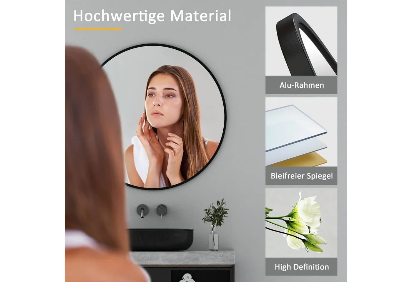BOROMAL Badspiegel Rund Schwarz Aluminium Rahmen - Bild 3