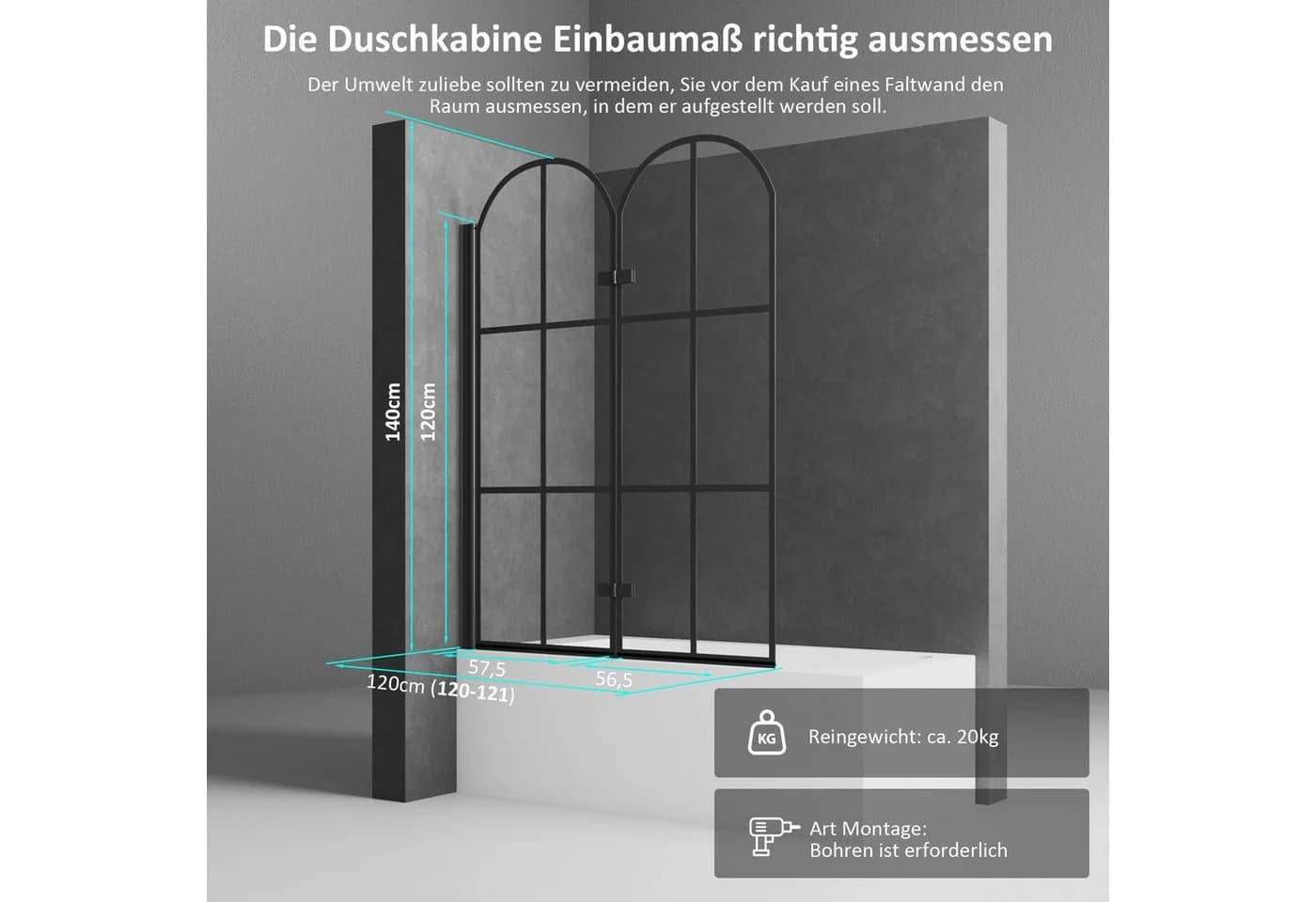 Boromal Badewannenaufsatz Schwarz Duschtrennwand 120x140cm - Bild 4