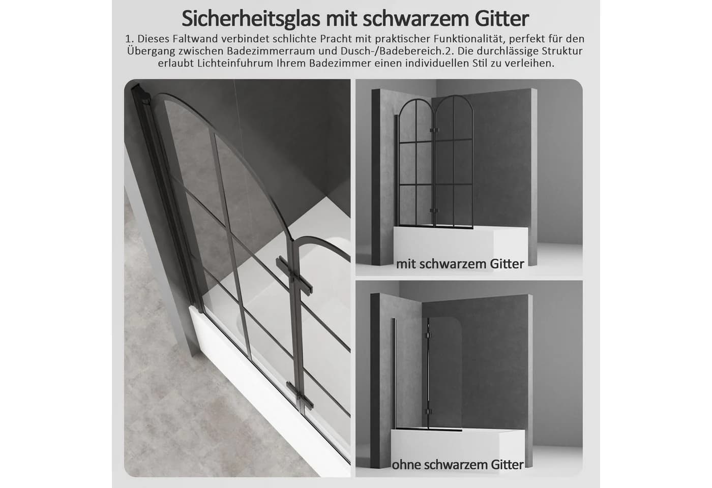 Boromal Badewannenaufsatz Schwarz Duschtrennwand 120x140cm - Bild 5