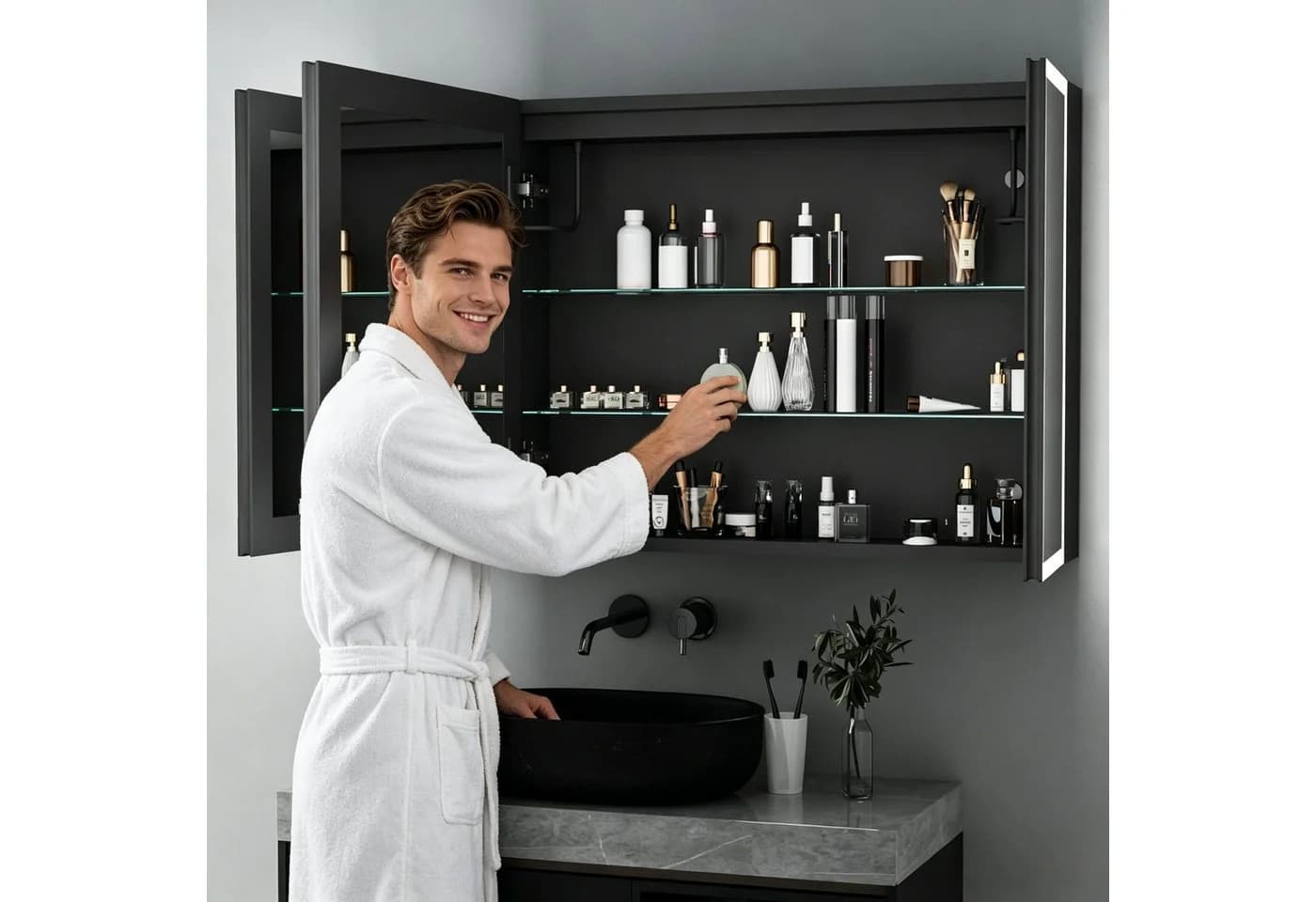 WDWRITTI Spiegelschrank Alu 3-türig 90x60cm Schwarz 3 Lichtmodi