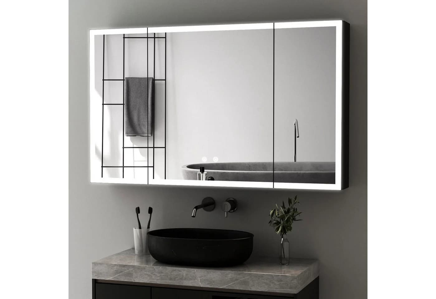 WDWRITTI Spiegelschrank Alu 3-türig 90x60cm Schwarz 3 Lichtmodi - Bild 2