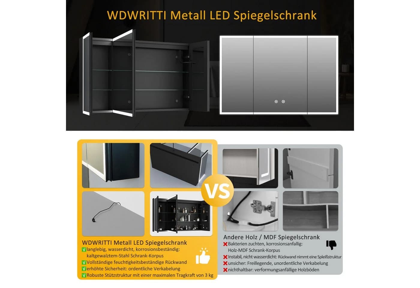 WDWRITTI Spiegelschrank Alu 3-türig 90x60cm Schwarz 3 Lichtmodi - Bild 3