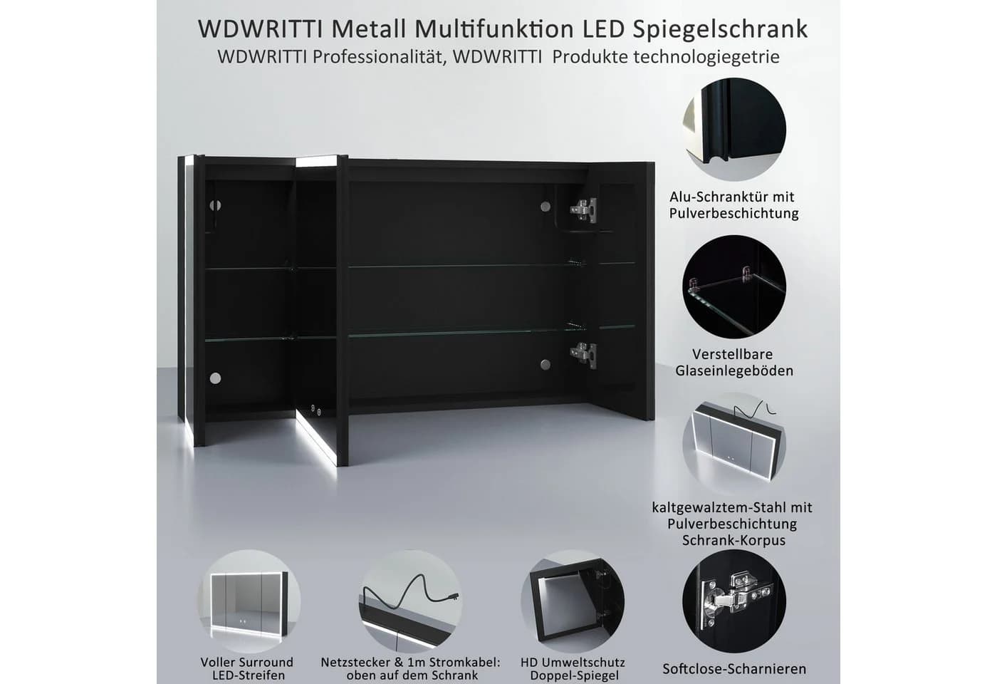 WDWRITTI Spiegelschrank Alu 3-türig 90x60cm Schwarz 3 Lichtmodi - Bild 5