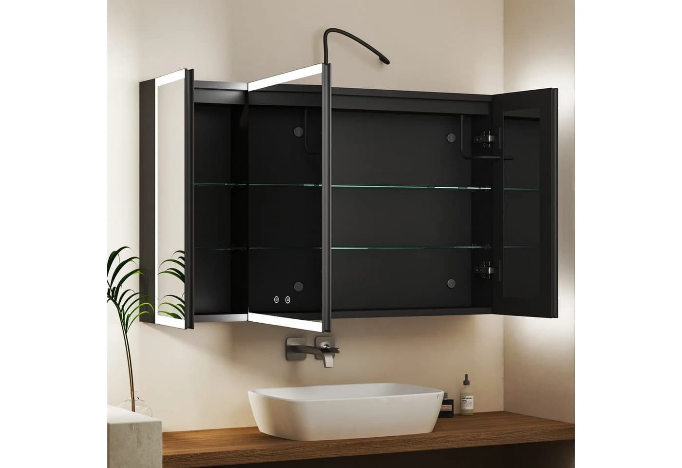 WDWRITTI Badezimmerspiegelschrank LED 3türig 90x60cm Schwarz