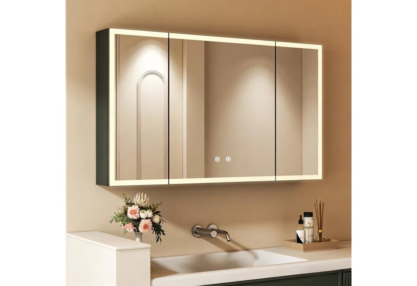 WDWRITTI Badezimmerspiegelschrank LED 3türig 90x60cm Schwarz - Bild 2