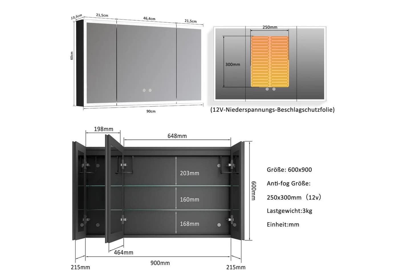WDWRITTI Badezimmerspiegelschrank LED 3türig 90x60cm Schwarz - Bild 3