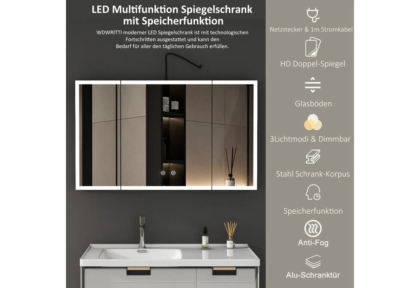WDWRITTI Badezimmerspiegelschrank LED 3türig 90x60cm Schwarz - Bild 4