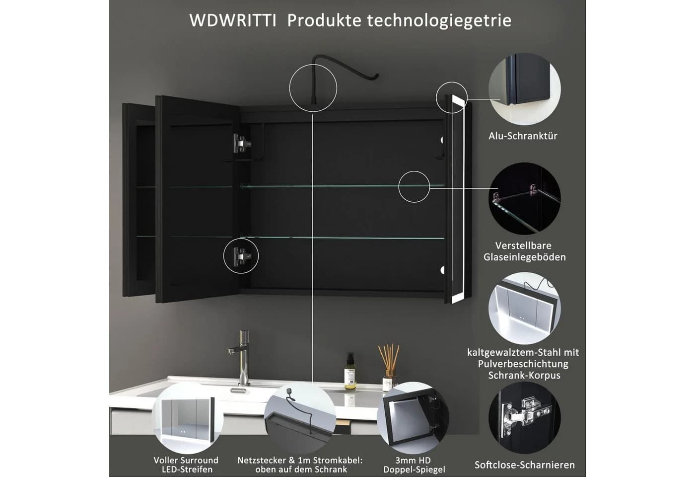 WDWRITTI Badezimmerspiegelschrank LED 3türig 90x60cm Schwarz - Bild 5