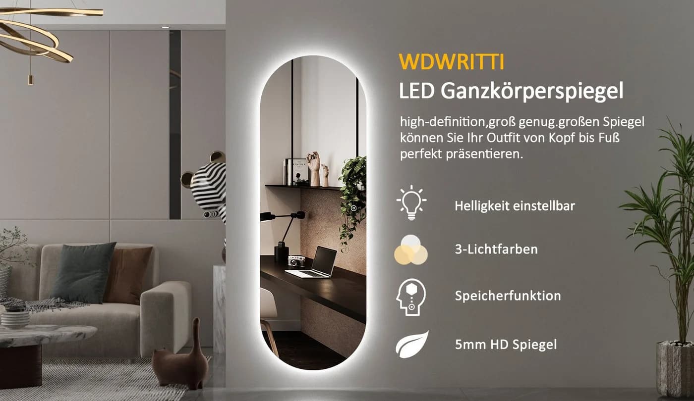 WDWRITTI LED Ganzkörperspiegel 165x60cm