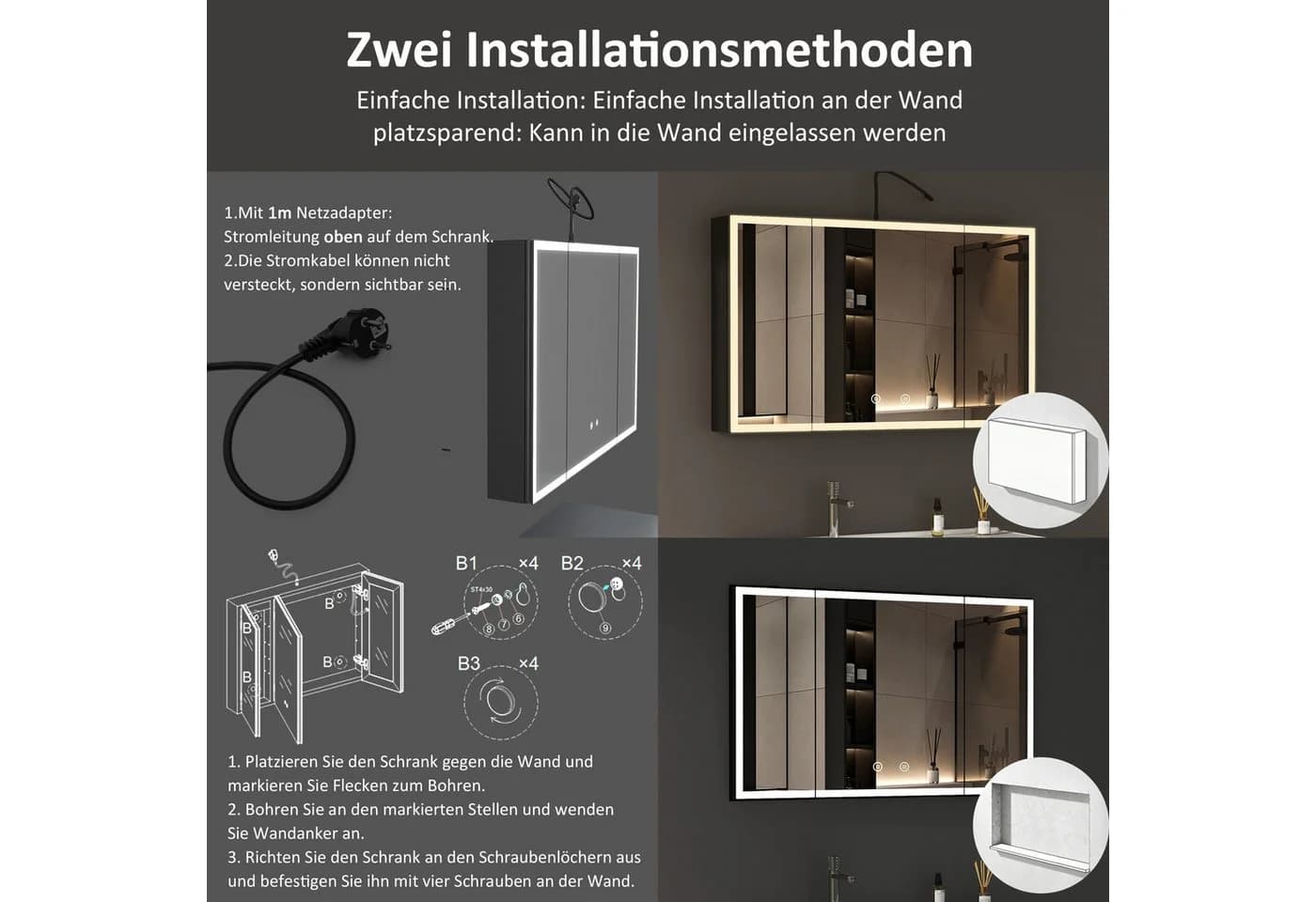 WDWRITTI Spiegelschrank 3-türig Schwarz mit LED & Anti-Fog - Bild 4