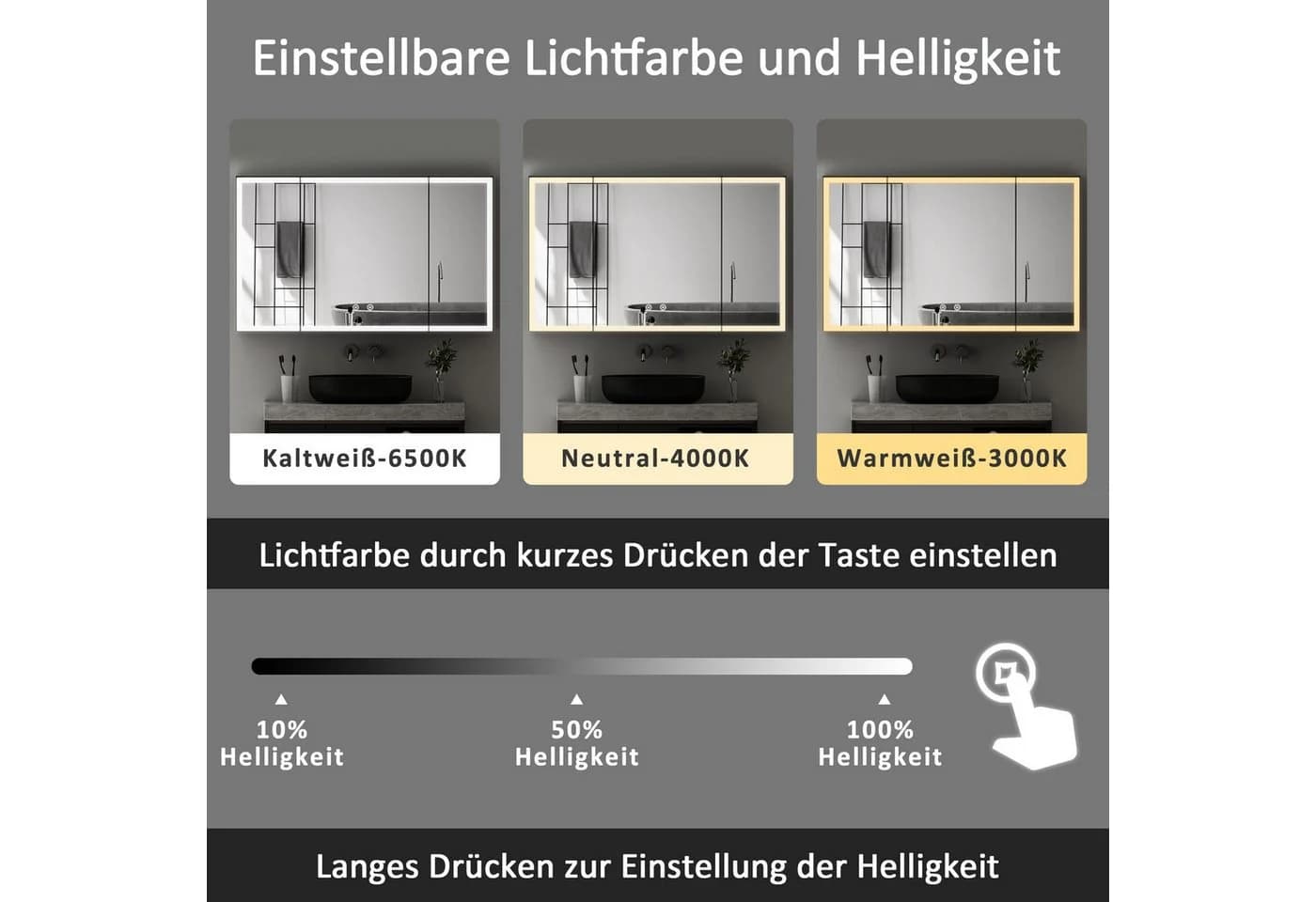 WDWRITTI Badezimmerspiegelschrank 3-türig mit LED-Beleuchtung und Anti-Fog - Bild 5