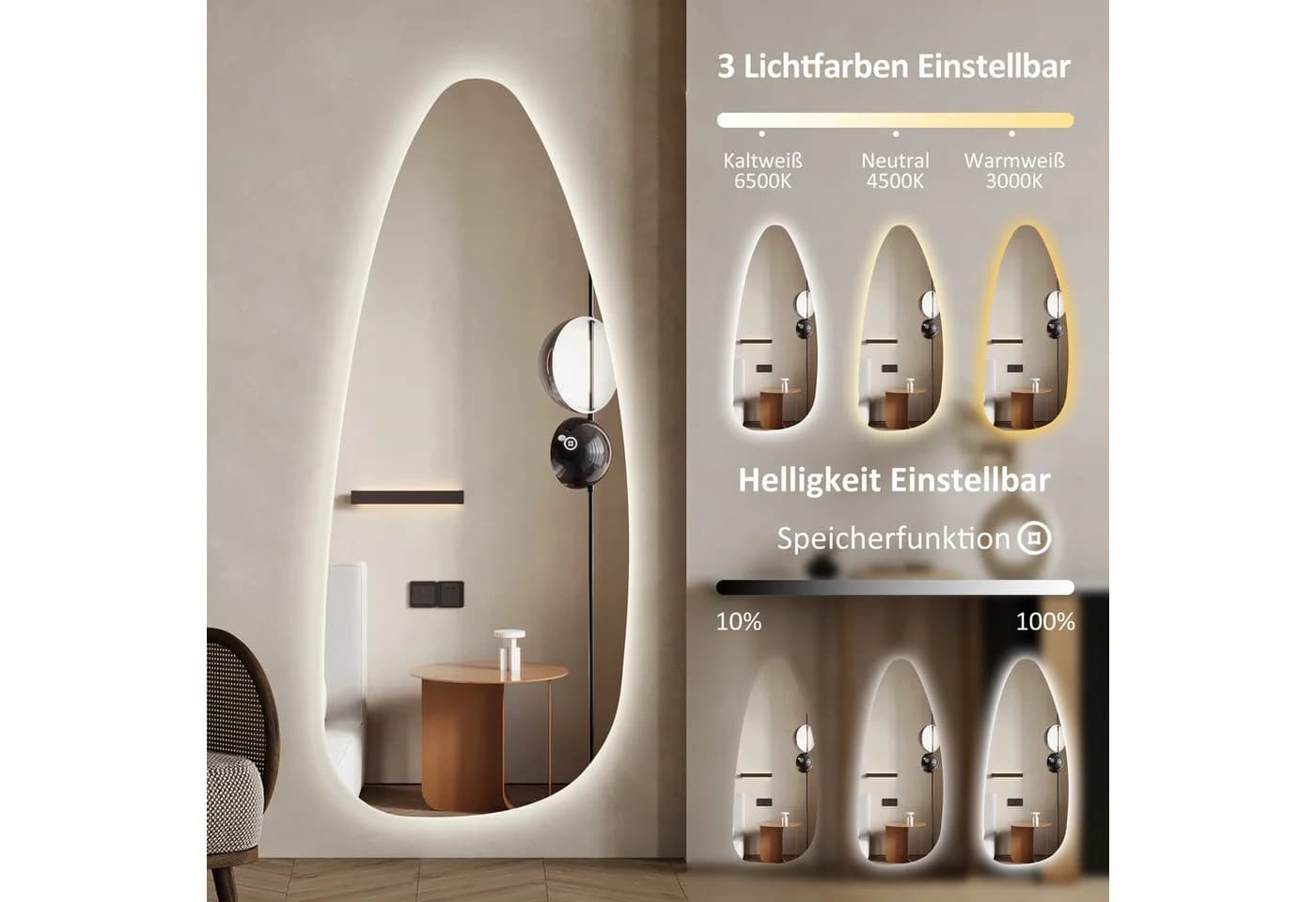 WDWRITTI LED Ganzkörperspiegel mit 3 Lichtmodi und Dimmfunktion - Bild 3