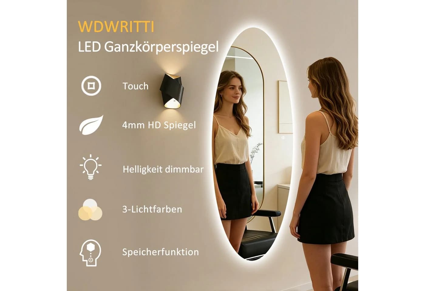 WDWRITTI LED Ganzkörperspiegel 165x60cm mit 3 Lichtmodi & Dimmfunktion