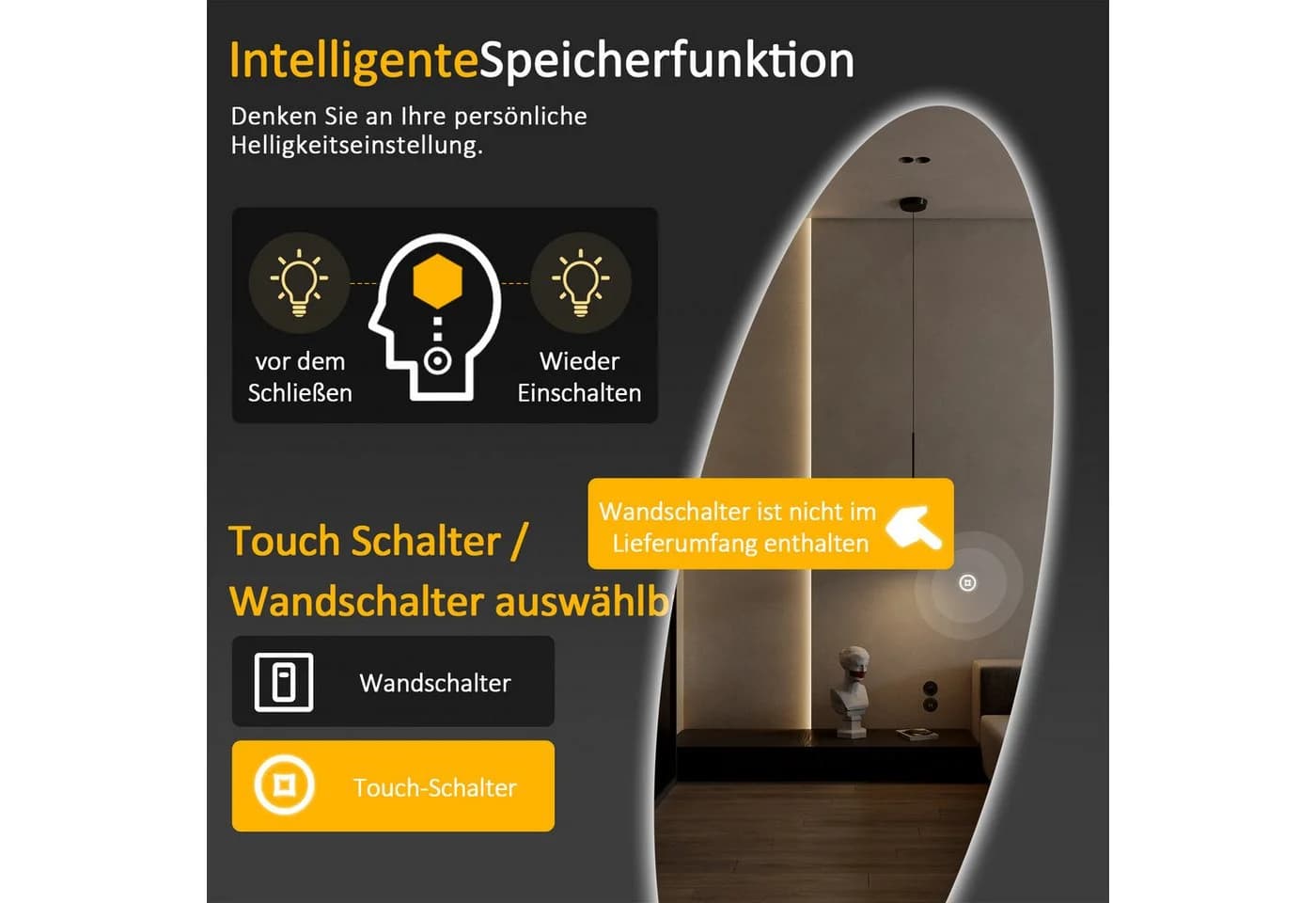 WDWRITTI LED Ganzkörperspiegel 165x60cm mit 3 Lichtmodi & Dimmfunktion - Bild 5