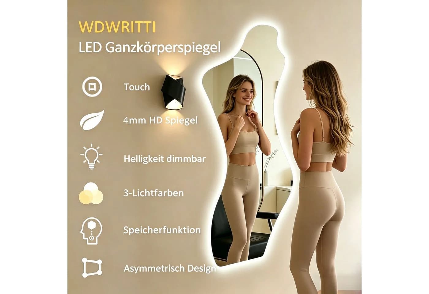 WDWRITTI Ganzkörperspiegel mit LED-Beleuchtung und Speicherfunktion