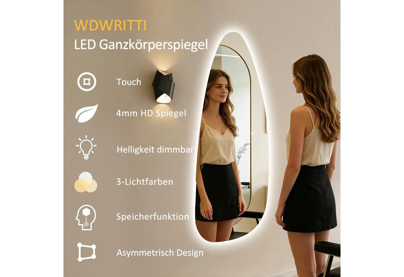 WDWRITTI LED Wandspiegel asymmetrisch rahmenlos mit Beleuchtung - Bild 3