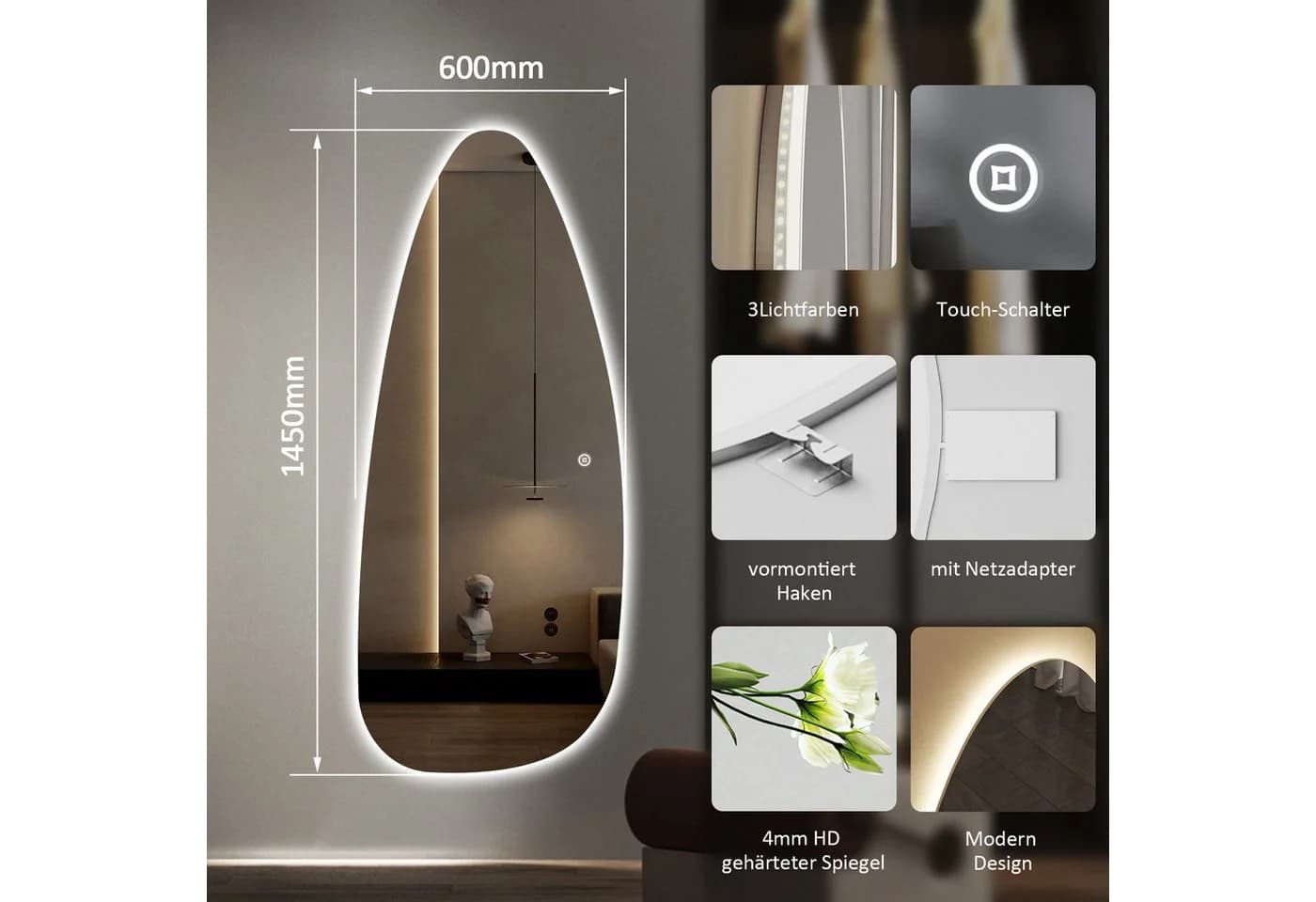 WDWRITTI LED Wandspiegel asymmetrisch rahmenlos mit Beleuchtung - Bild 4