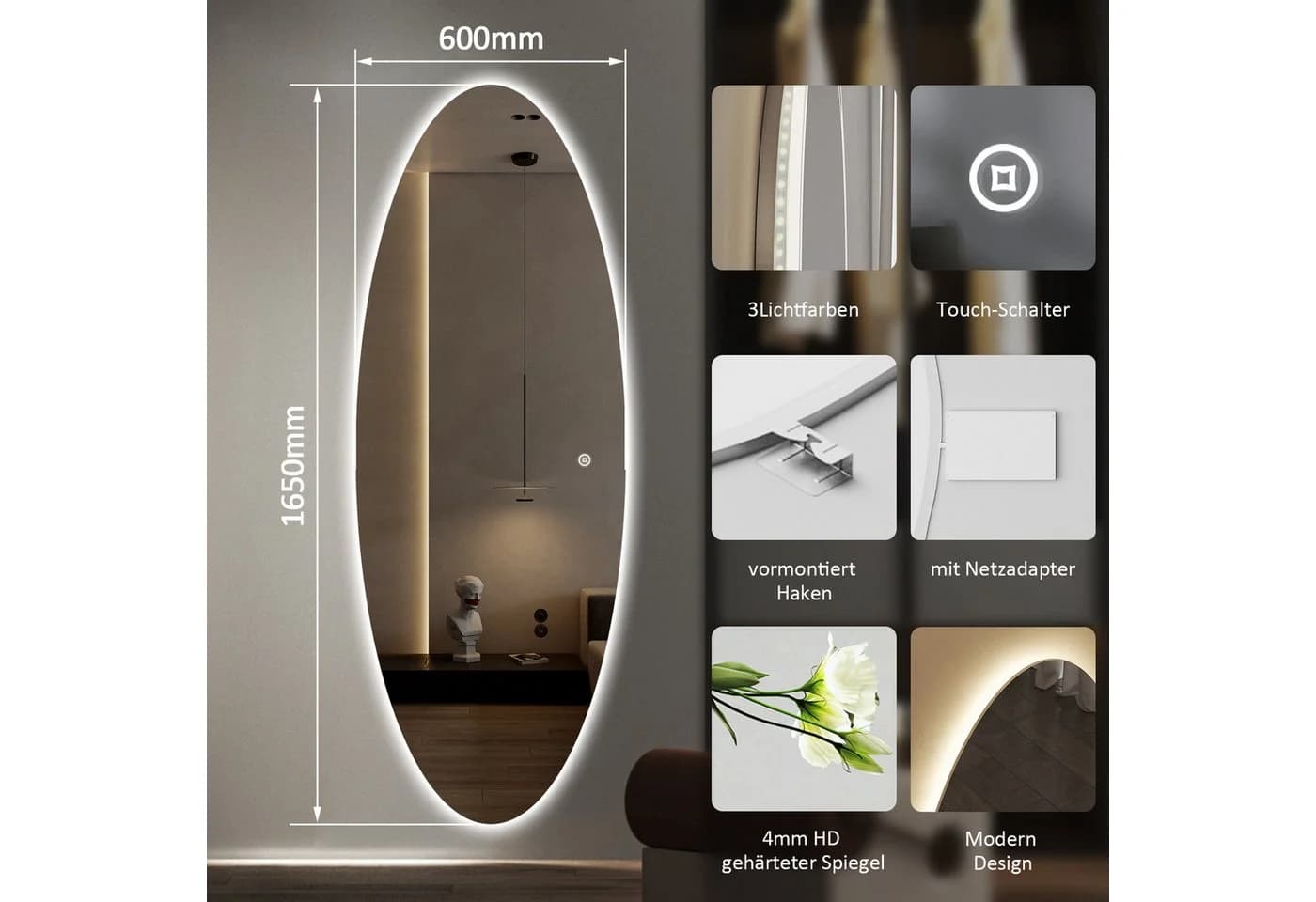 WDWRITTI LED Ganzkörperspiegel Dimmbar 3 Lichtfarben - Bild 3