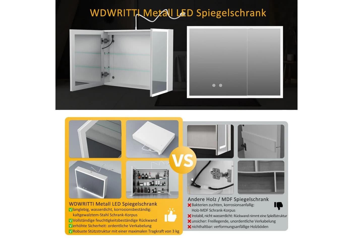 WDWRITTI Badezimmerspiegelschrank Weiß mit LED & Entnebelung - Bild 3