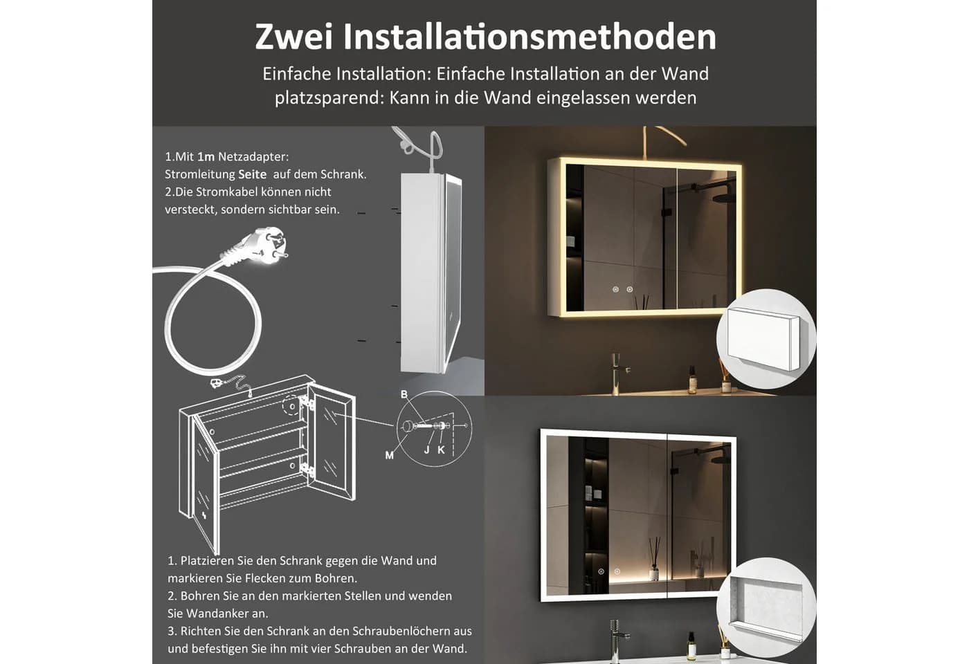 WDWRITTI Badezimmerspiegelschrank Weiß mit LED & Entnebelung - Bild 4