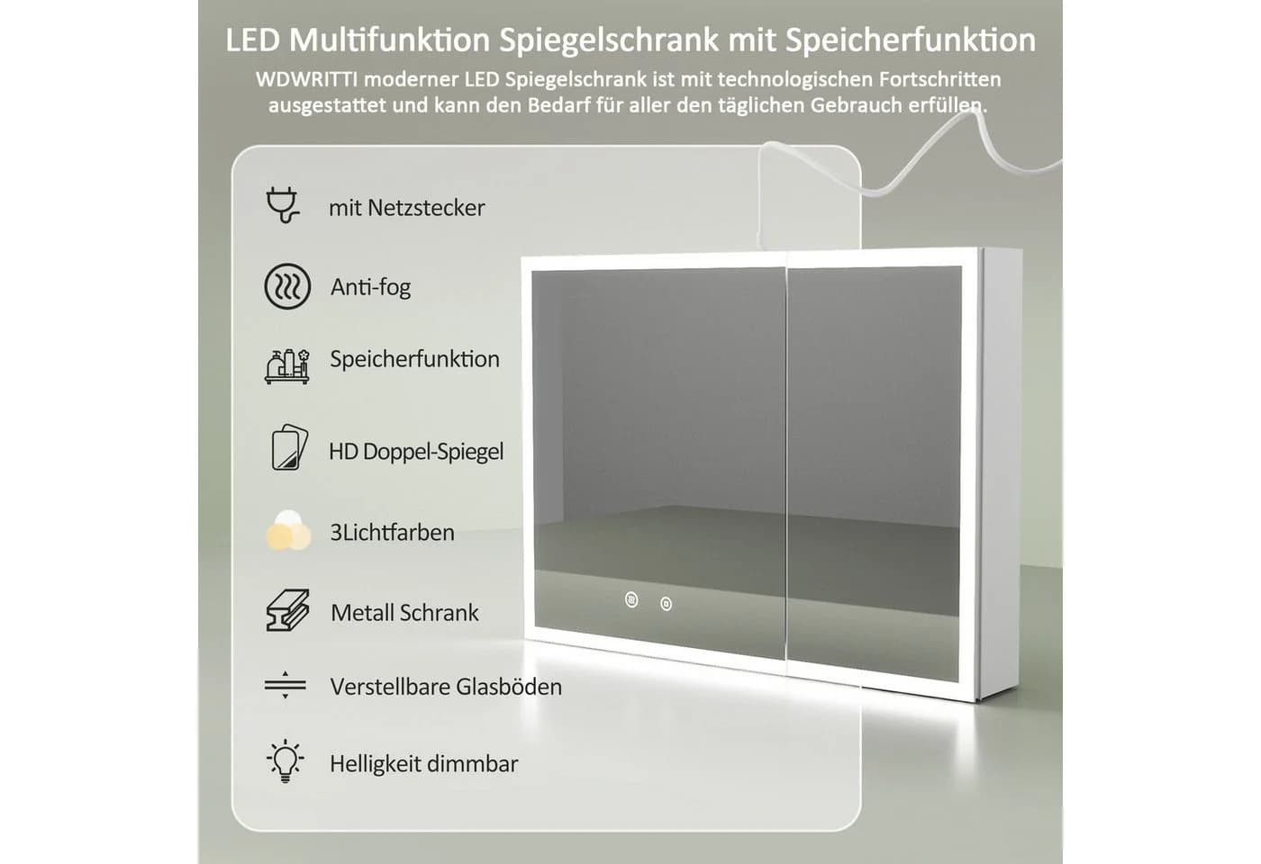 WDWRITTI Badezimmerspiegelschrank Weiß mit LED & Entnebelung - Bild 5