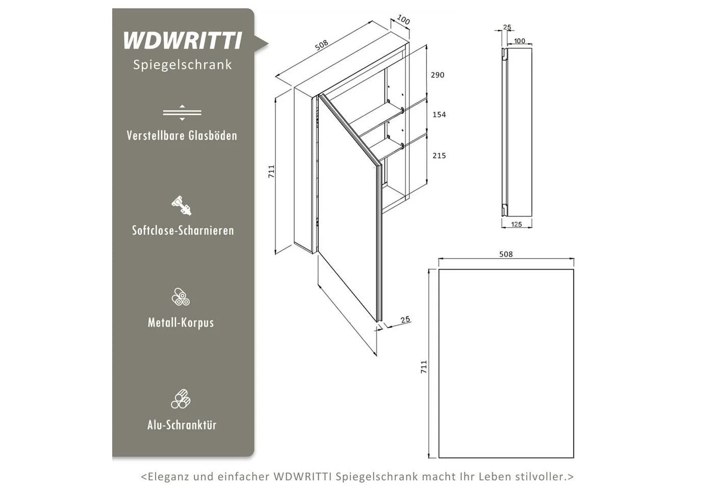 WDWRITTI Spiegelschrank Aluminium Schwarz mit Glasböden - Bild 3