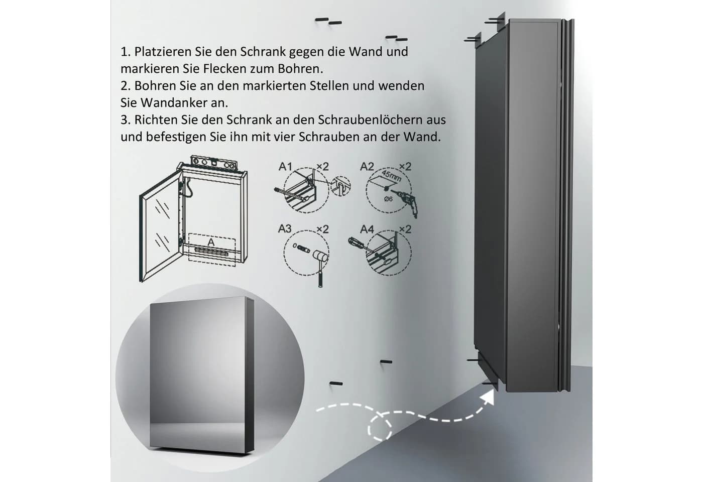 WDWRITTI Spiegelschrank Aluminium Schwarz mit Glasböden - Bild 5