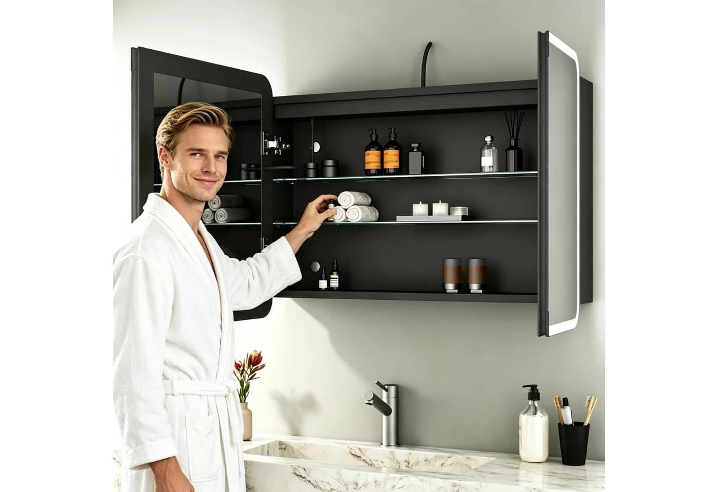 WDWRITTI Spiegelschrank Schwarz 2-türig mit LED & Anti-Fog