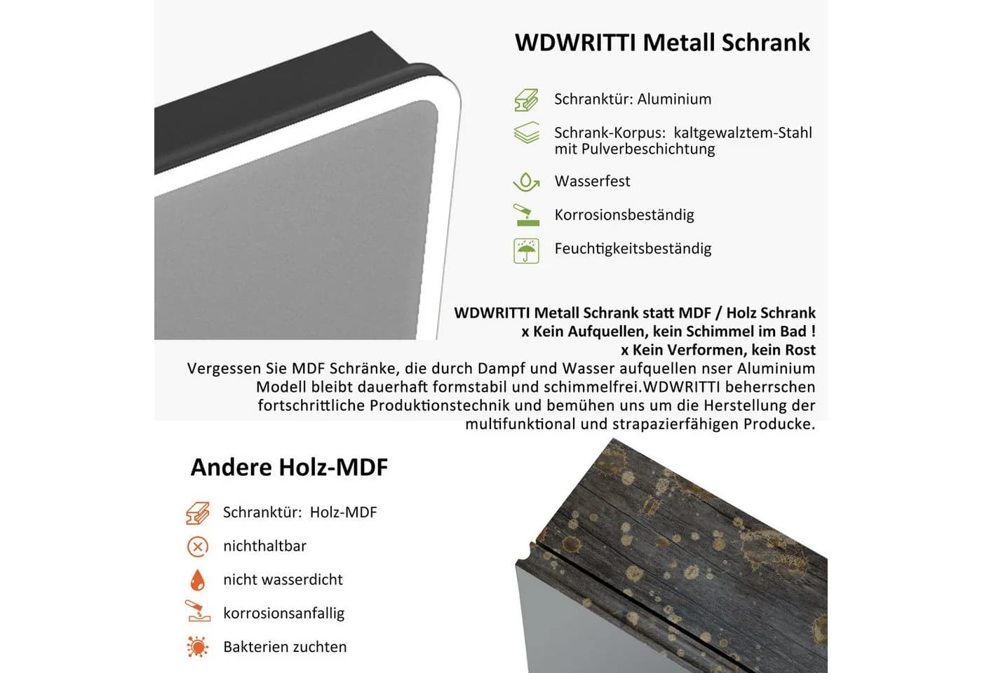 WDWRITTI Spiegelschrank Schwarz 2-türig mit LED & Anti-Fog - Bild 3
