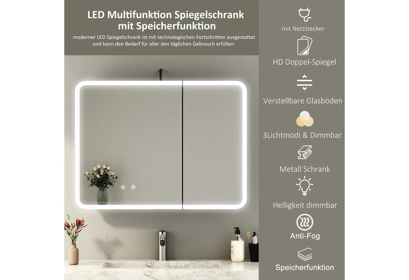 WDWRITTI Spiegelschrank Schwarz 2-türig mit LED & Anti-Fog - Bild 4