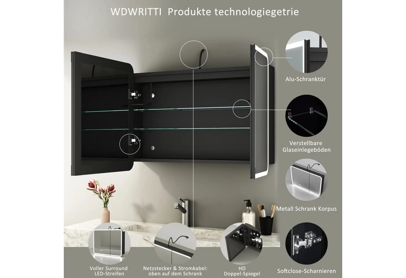 WDWRITTI Badezimmerspiegelschrank LED Schwarz Weiß Aluminium - Bild 3