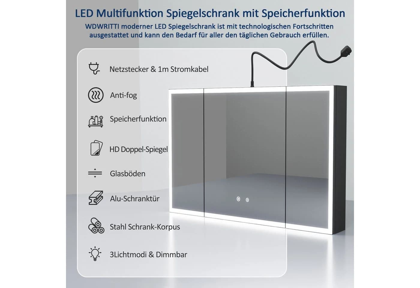 WDWRITTI Spiegelschrank Alu 120x60cm LED Badezimmerschwarz - Bild 4