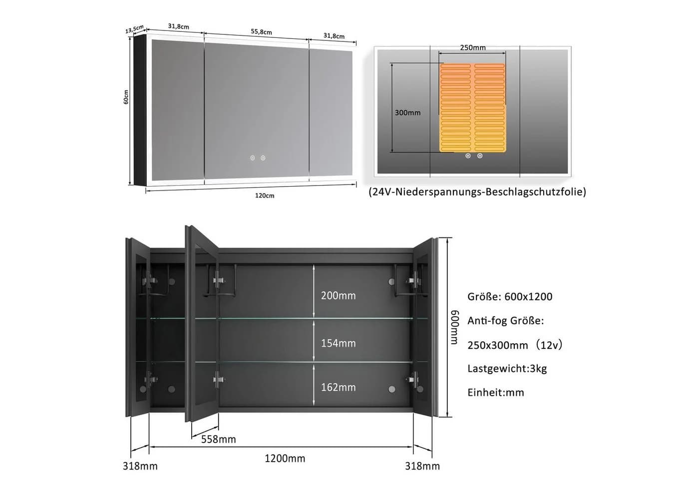 WDWRITTI Spiegelschrank Alu 120x60cm LED Badezimmerschwarz - Bild 5