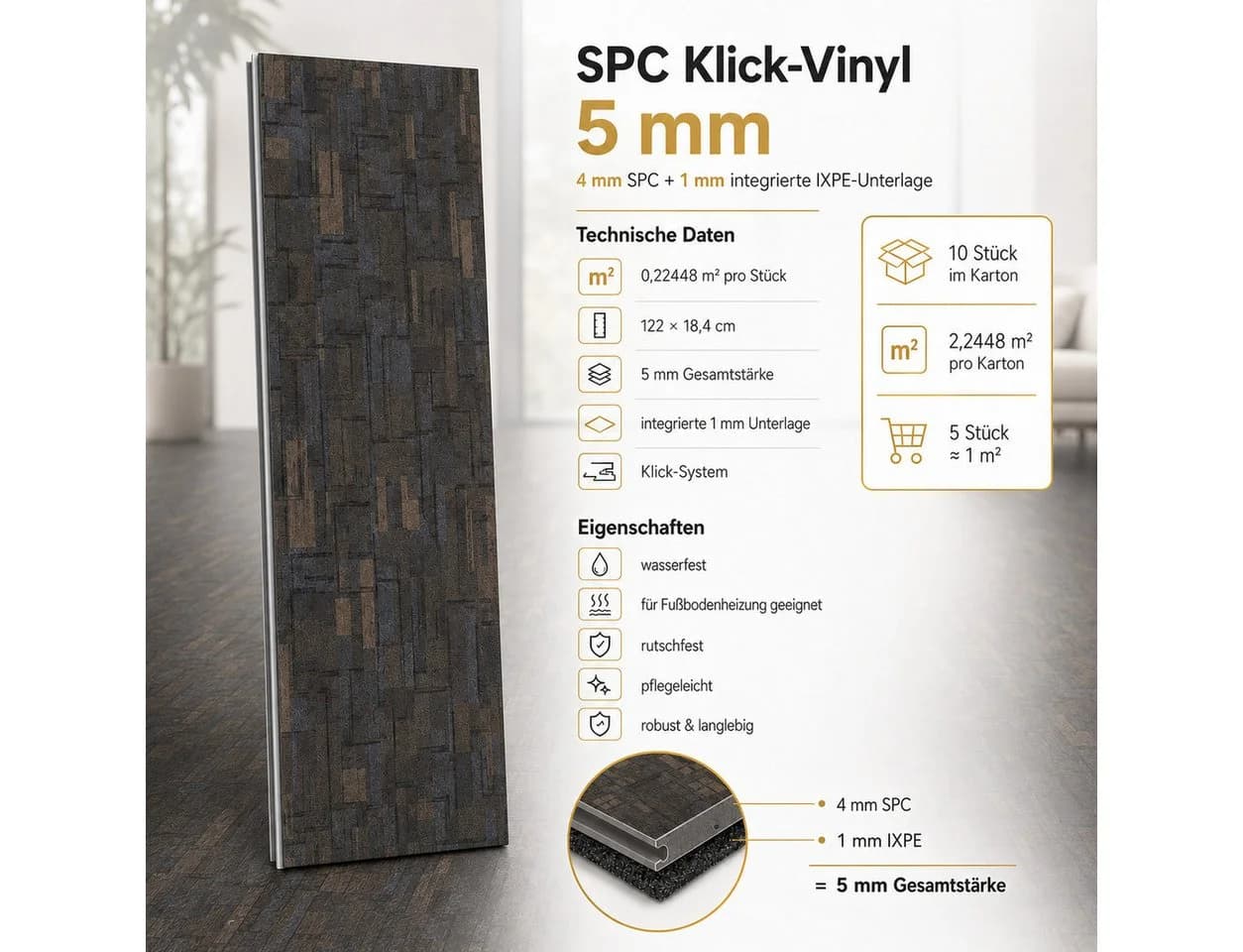 NoblesBox SPC Klick-Vinylboden 5mm Teppichoptik Beige Wasserfest - Bild 3