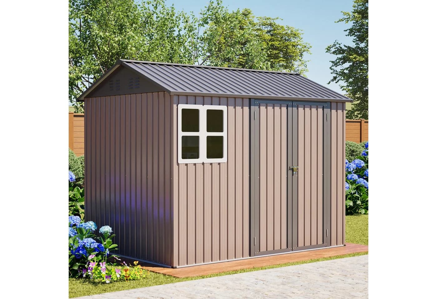 Thanaddo Gartenhaus aus Metall mit Fenstern, 251x180x201cm, Braun - Bild 2