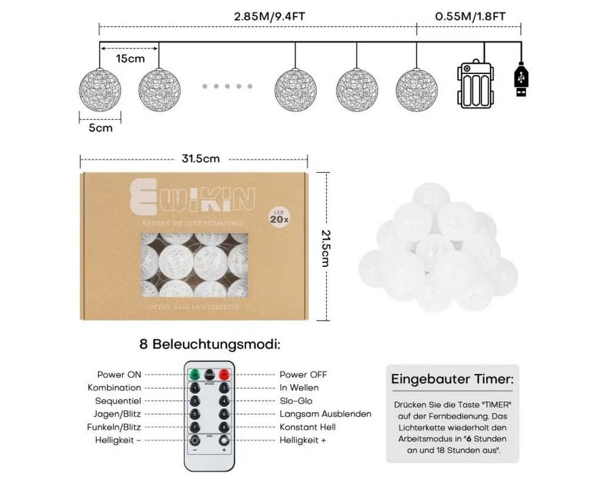 Vivitar LED-Lichternetz Dimmbar Wattebausch-Licht 8 Modi 5 Helligkeiten