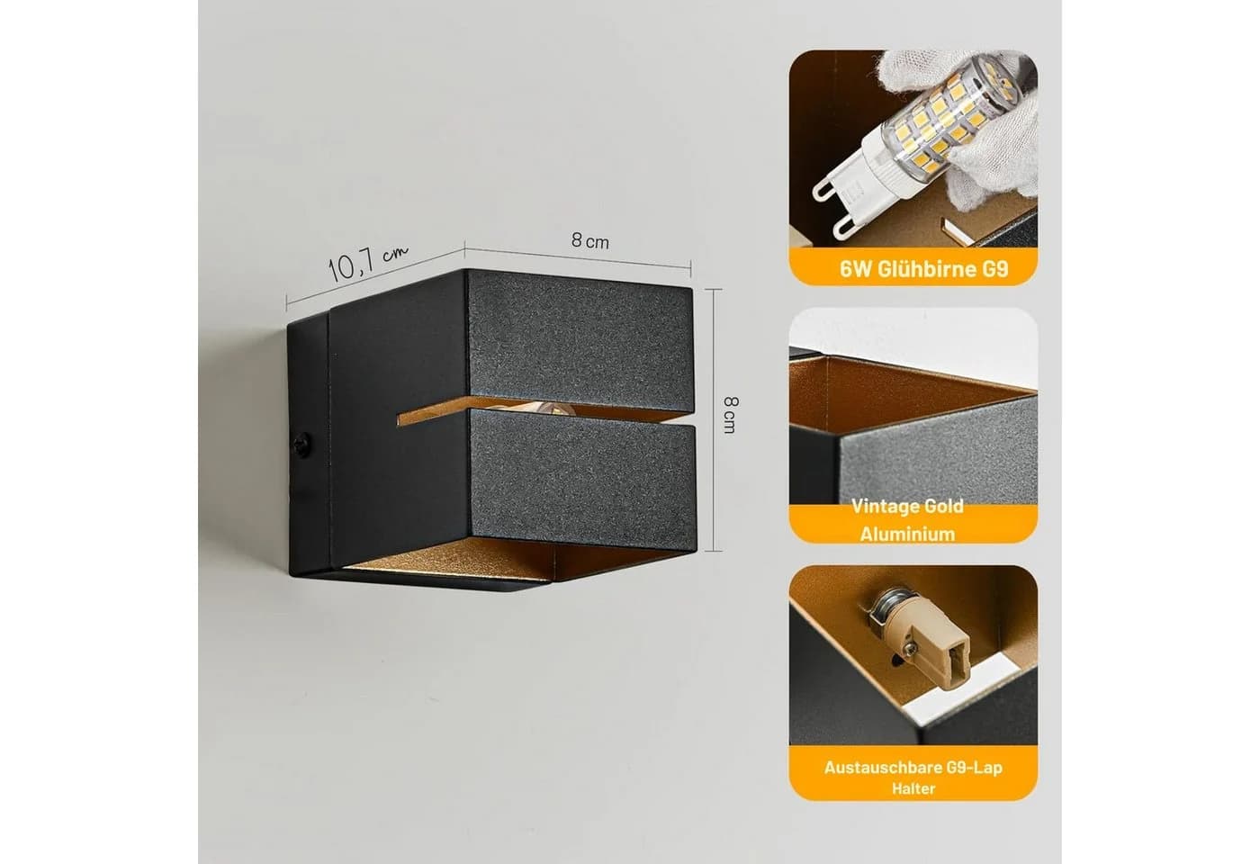 Vivitar LED Wandleuchte Schwarz Gold 2er Set 6W G9 Austauschbar 3000K - Bild 3